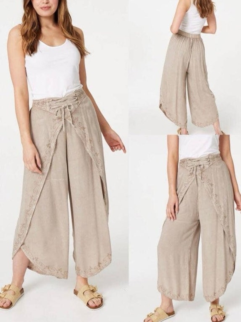 Boho Embroidered Tie-Waist Wide Leg Pants in Taupe one size - Picture 1 of 10